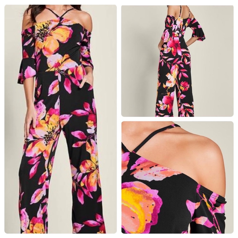 VENUS Tropical Floral Wide-leg Jumpsuit with Pockets